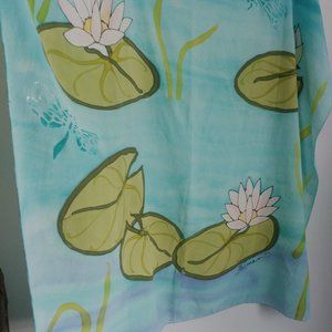 RARE SILK SCARF Artisan Signed Naturistic Pond Theme Teal Blue Lilies Dragonfly